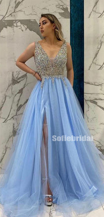 Popular V-neck A-line Tulle Side Slit Long Prom Dresses,SFPD0147