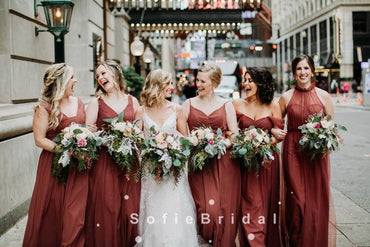 New Arrival A-Line Mismatched Rust Tulle Cheap Bridesmaid Dresses,SFWG0007