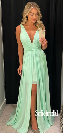 Simple V-neck Chiffon A-line Long Prom Dresses,SFPD0096