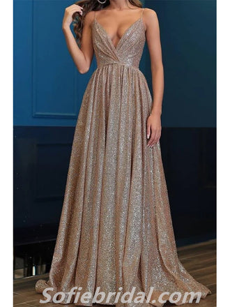 Sexy Sequin Spaghetti Straps Deep V Neck A-Line Long Prom Dresses,SFPD0284