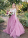 A-Line V-Neck Long Sleeves Pink Tulle Wedding Dresses with Lace Appliques,SFWD0052