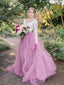 A-Line V-Neck Long Sleeves Pink Tulle Wedding Dresses with Lace Appliques,SFWD0052