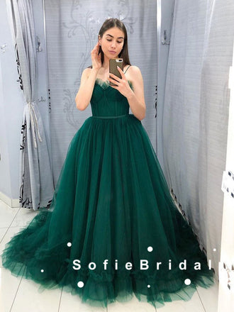 A-Line Sweetheart Spaghetti Straps Green Tulle Cheap Long Prom Dresses,SFPD0073