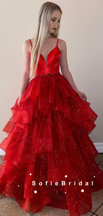 Sparkly A-Line V-Neck Spaghetti Straps Red Long Prom Dresses With Beading,SFPD0074