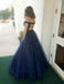 Off Shoulder Long A-line Navy Tulle Beaded Prom Dresses, PD0954