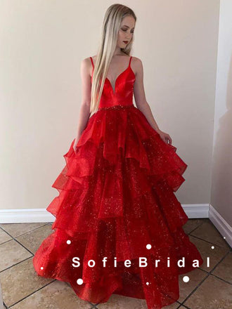 Sparkly A-Line V-Neck Spaghetti Straps Red Long Prom Dresses With Beading,SFPD0074
