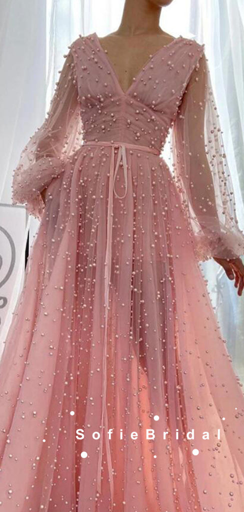 A-Line V-Neck Long Sleeves Pink Tulle Long Prom Dresses With Beading,SFPD0079