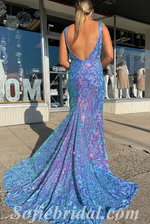 Sexy Special Fabric Spaghetti Straps V-Neck Sleeveless Open Back Mermaid Long Prom Dresses,SFPD0491