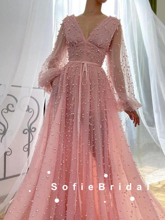 A-Line V-Neck Long Sleeves Pink Tulle Long Prom Dresses With Beading,SFPD0079