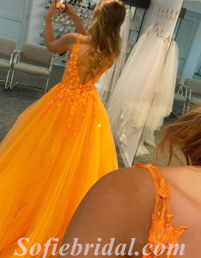 Elegant Orange Tulle Spaghetti Straps V-Neck A-Line Long Prom Dresses With Applique,SFPD0472