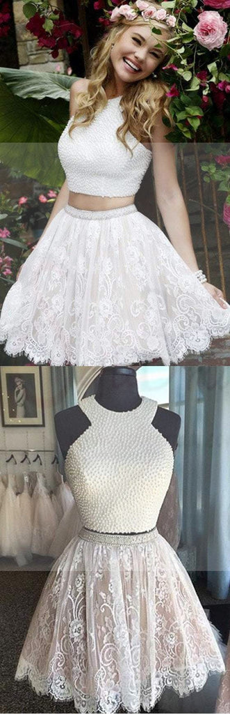 Sexy Two Pieces Halter Lace skirt Pearls bodice Cute homecoming prom dresses, CM0010