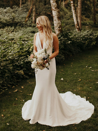 Simple V-neck Mermaid Sleeveless Long Wedding Dresses Online,SFWD0046