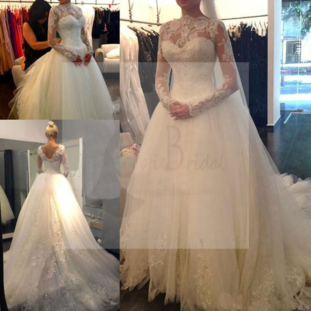 Long Sleeve Illusion White Lace Tulle Wedding Dresses, Cheap Vantage V-back Bridal Gown, WD0007