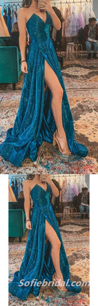 Sexy Special Fabric Sweetheart V-Neck Sleeveless Side Slit A-Line Long Prom Dresses,SFPD0298