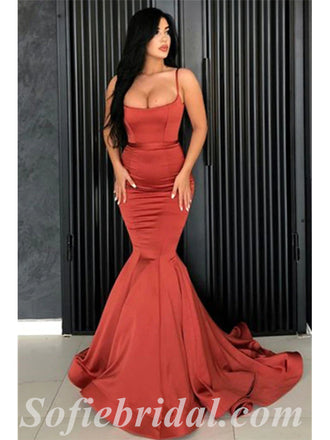 Sexy Rust Satin Spaghetti Straps Sleeveless Mermaid Long Prom Dresses,SFPD0503