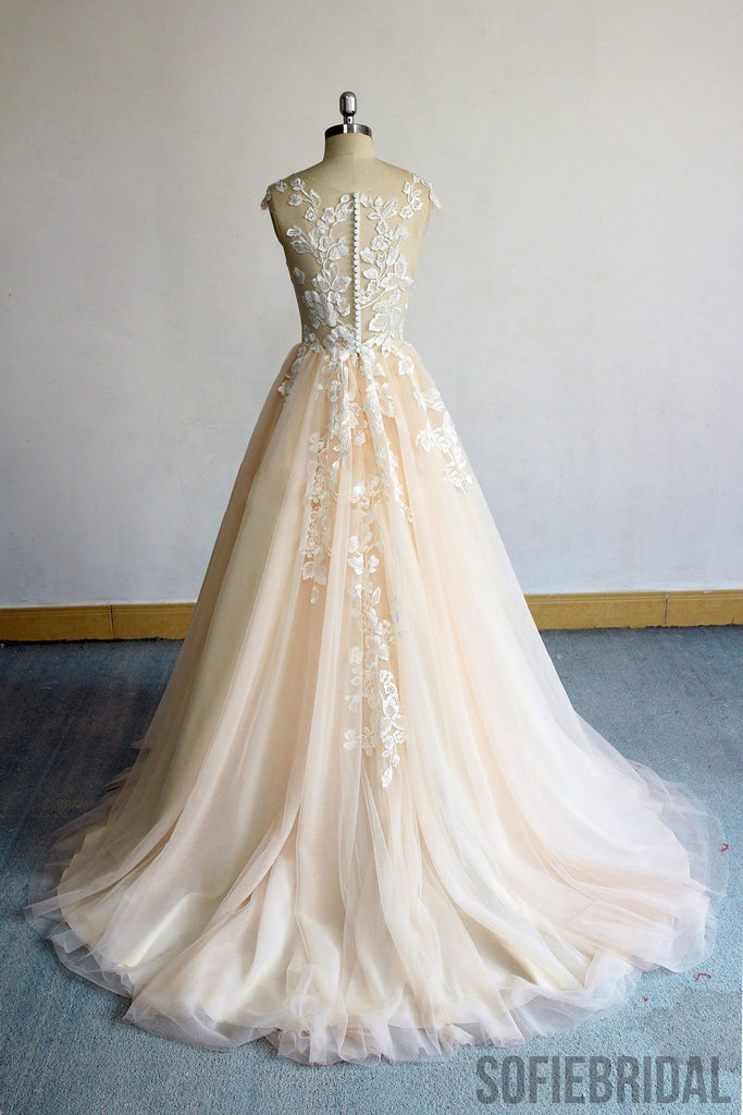 A-line Round Neck Long Tulle Lace Appliques Prom Dresses, PD0095