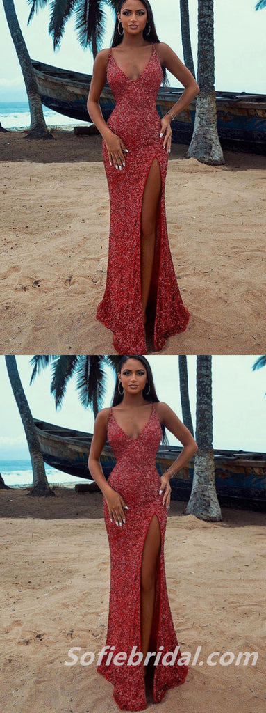 Sexy Charming Sequin Spaghetti Straps V-Neck Side Slit Mermaid Long Prom Dresses ,SFPD0258