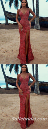 Sexy Charming Sequin Spaghetti Straps V-Neck Side Slit Mermaid Long Prom Dresses ,SFPD0258