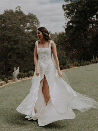 Cheap Spaghetti Straps Lace Side Slit Long Wedding Dresses Online,SFWD0027