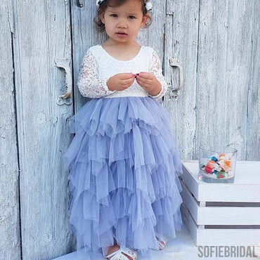 Scoop Long Sleeve Lace Top V-back Tulle Flower Girl Dresses, Popular Little Girl Dresses, FG070