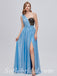 Sexy Blue Special Fabric One Shoulder A-line Side Slit Long Prom Dresses With Beading,SFPD0352