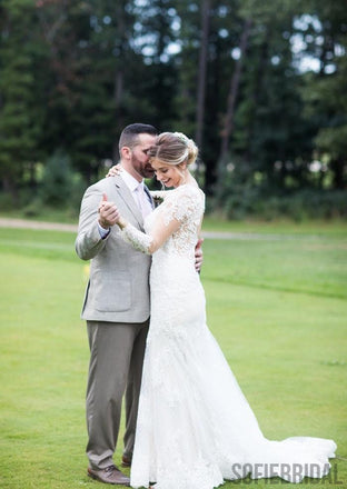 Sheath V-neck Long Sleeves Open-back Lace Wedding Dresses, WD0473