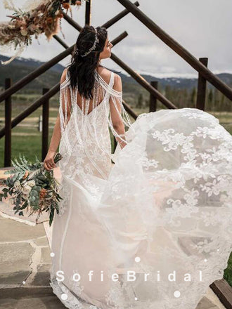 Mermaid High Neck Tassels Open Back Long Wedding Dresses With Lace,SFWD0008