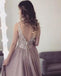 V-neck long A-line Rhinestone Tulle Prom Dresses, PD0979