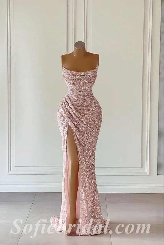 Sexy Shiny Sequin Sweetheart Sleeveless Side Slit Mermaid Long Prom Dresses With Pleats,SFPD0414