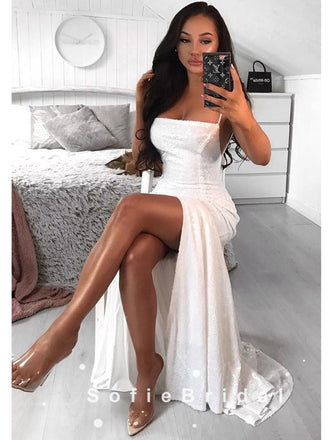Sexy A-Line Spaghetti Straps White Long Prom Dresses With Slit,SFPD0083