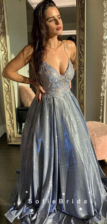 A-Line V-Neck Spaghetti Straps Long Prom Dresses With Lace,SFPD0084