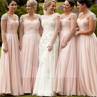 Pretty Junior Cap Sleeve Blush Pink Chiffon Formal A Line Floor-Length Cheap Bridesmaid Dresses, WG85