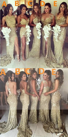 Sexy Unique Mismatched Gold Seuin Side Split Sparkly Women Long Wedding Party Dresses for Bridesmaids, WG86