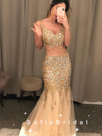 See Through Mermaid V-Neck Straps Tulle Long Prom Dresses With Beading,SFPD0086
