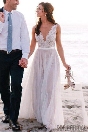 Newest Design V-neck lace tulle Long A-line Beach Wedding Dresses, WD0117