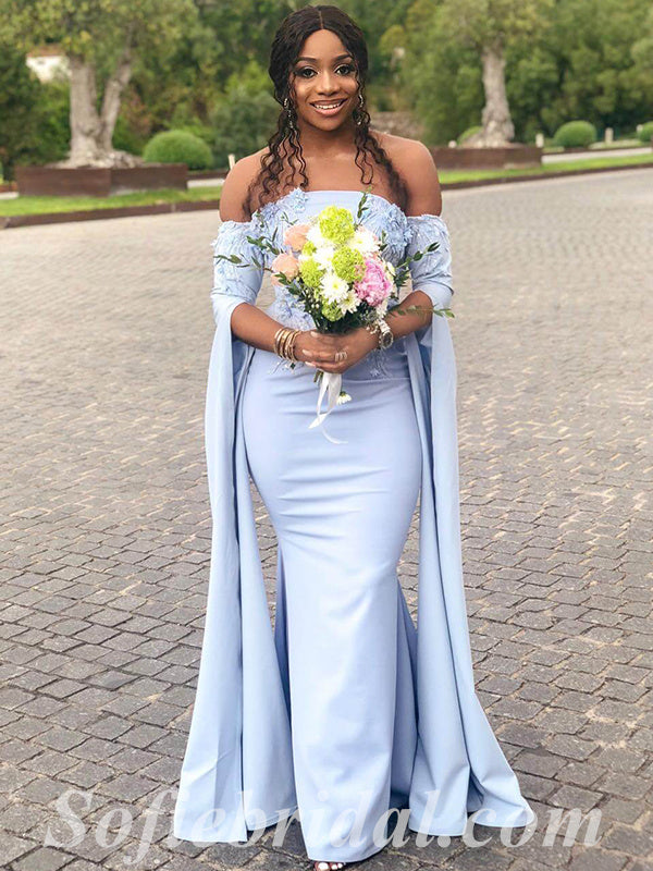 Elegant Soft Satin Off Shoulder Long Sleeve Side Slit Mermaid Floor Length Bridesmaid Dressses With Applique,SFWG00474