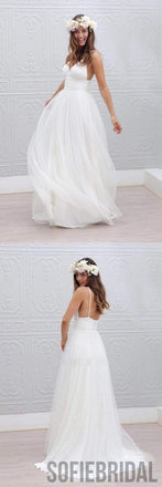 Simple Design Sheath Spaghetti V-neck White Tulle Wedding Party Dresses, WD0088