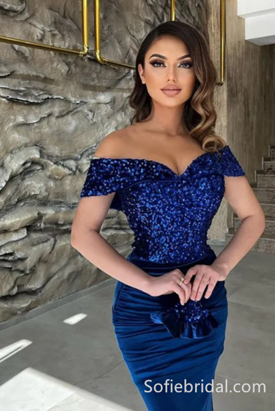 Classy Blue Sequins Sweetheart Off-the-shoulder Floor-length Column Prom Dresses,SFPD0197