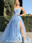 Elegant Tulle Spaghetti Straps A-Line Side Slit Long Prom Dresses With Applique,SFPD0331