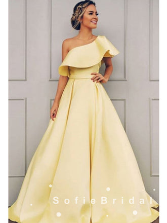 Simple A-Line One Shoulder Yellow Satin Cheap Long Prom Dresses,SFPD0008