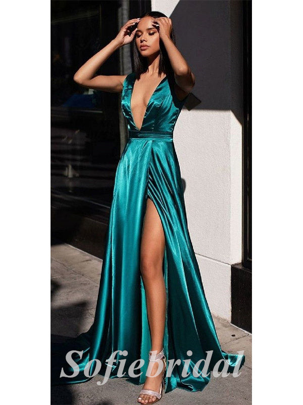 Sexy Soft Satin Spaghetti Straps Deep V-Neck Sleeveless Side Slit A-Line Long Prom Dresses,PD0771