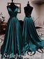 Sexy Dark Green Satin Halter V-Neck Sleeveless Lace Up Back A-Line Long Prom Dresses,SFPD0386