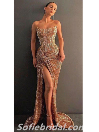 Sexy Sequin Sweetheart Sleeveless Side Slit Mermaid Long Prom Dresses With Pleats,SFPD0285