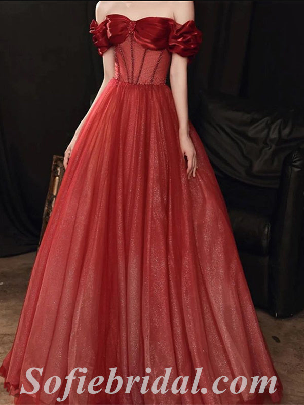 Sexy Shiny Rust Satin And Sequin Tulle Off Shoulder Sleeveless A-Line Long Prom Dresses,SFPD0547