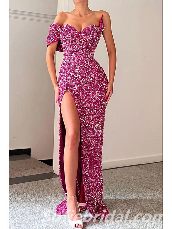 Sexy Charming Sequin One Shoulder V-Neck Side Slit Mermaid Long Prom Dresses,SFPD0259