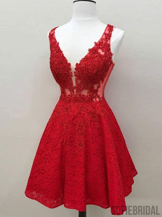 Red See Through Lace Custom Cheap Homecoming Dresses 2018, CM426