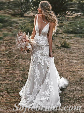 Elegant Spaghetti Straps Deep V-Neck Sleeveless Backless Mermaid Long Wedding Dresses,SFWD0073