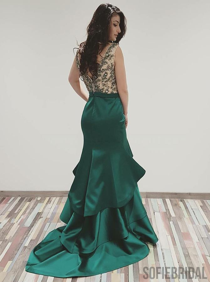 V-neck Emerald Green Satin Mermaid Beaded Prom Dresses, PD0917