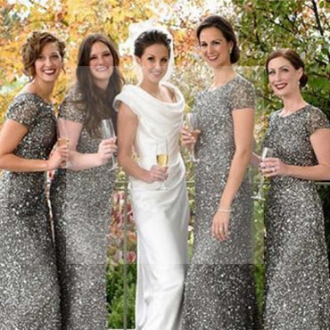 Popular Cheap Cap Sleeve Silver Sequin Sexy Mermaid Small Round Neck Long Bridesmaid Dresses, WG90