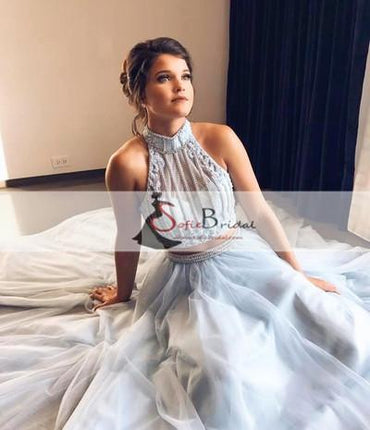 2 Pieces Halter Illusion Pearl Beaded Tulle Prom Dresses, Lovely Long Prom Dresses, PD0368